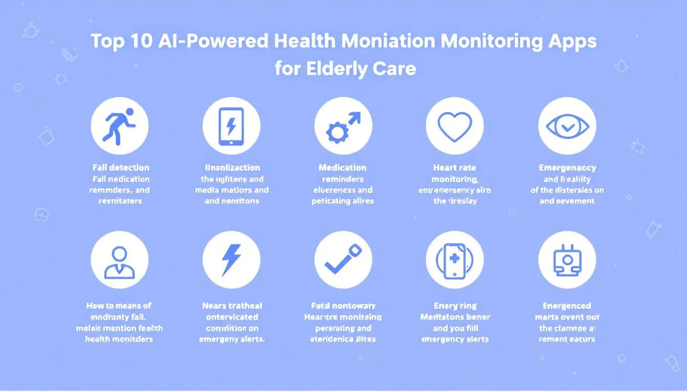 The image displays a list of the top 10 AI-powered health monitoring apps designed for elderly care, highlighting features such as medication management, continuous health monitoring, and personalized health insights to improve health outcomes for the elderly population. These innovative solutions empower seniors by tracking vital signs and analyzing personal health data, ultimately promoting independence and enhancing overall well-being.