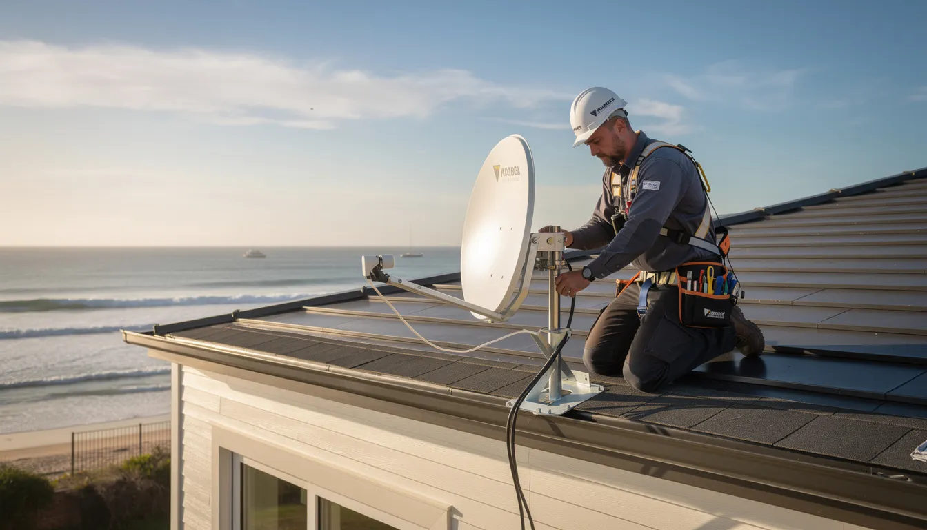 A professional installer is mounting a satellite dish on the roof of a coastal home, with a stunning view of the ocean in the background. This image illustrates the process of DSTV installation, showcasing the expertise of accredited DSTV installers as they ensure optimal signal alignment for reliable service.