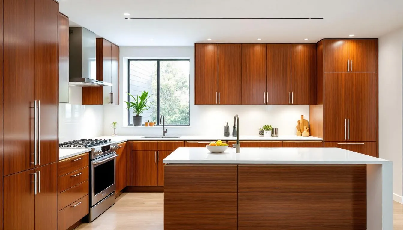 A modern kitchen featuring cherry kitchen cabinets with white countertops.