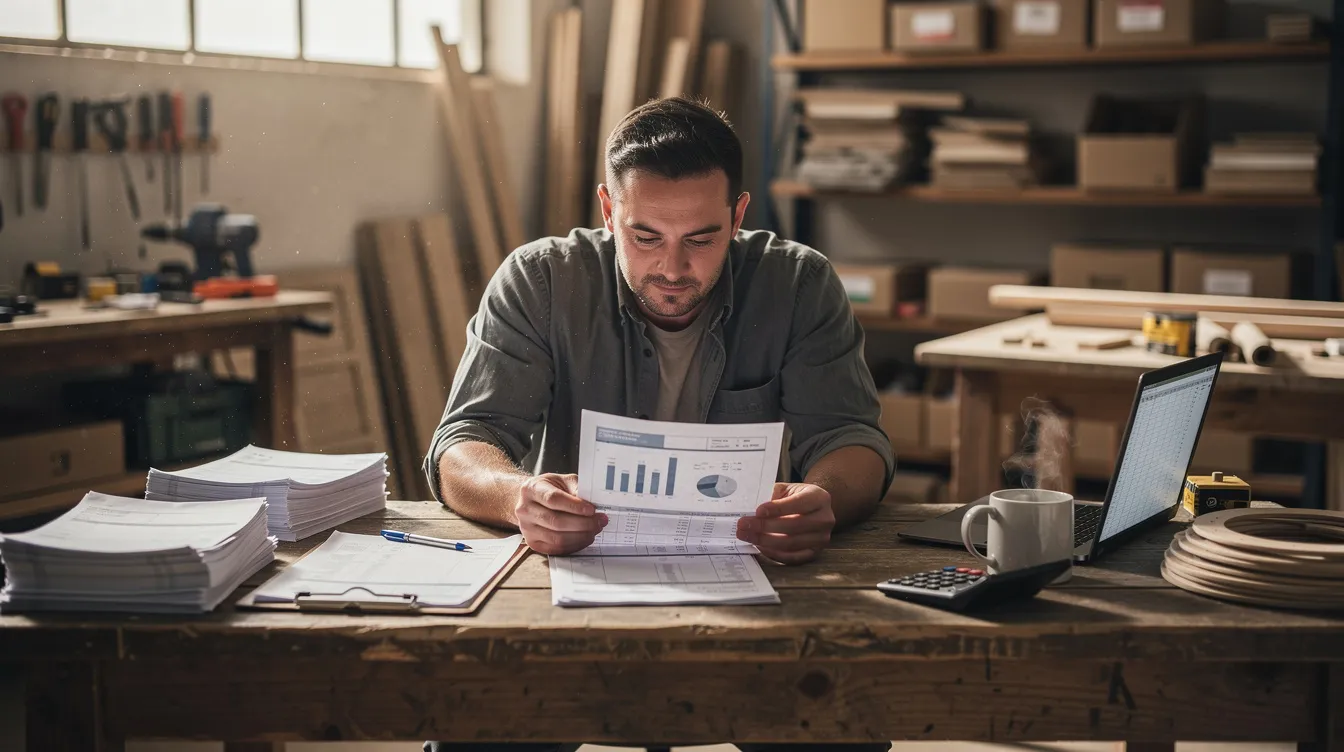 A small business owner is seated at a desk in a workshop, carefully reviewing financial documents related to their business loans. The scene reflects the importance of financial assistance for micro enterprises, highlighting the owner's commitment to maintaining a satisfactory credit track record and effectively managing cash flow.