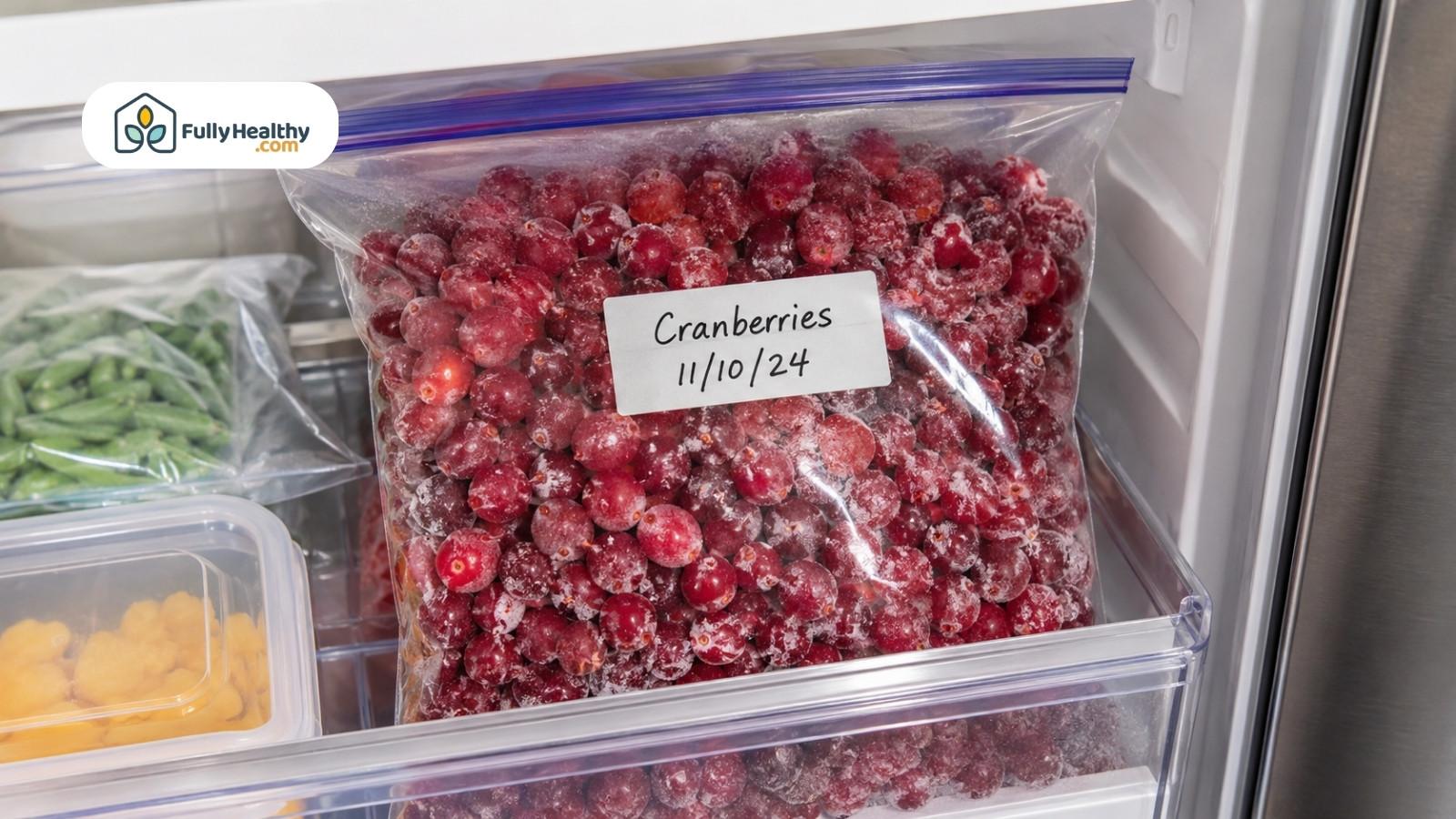 Frozen cranberries stored in labeled freezer bag inside organized freezer drawer