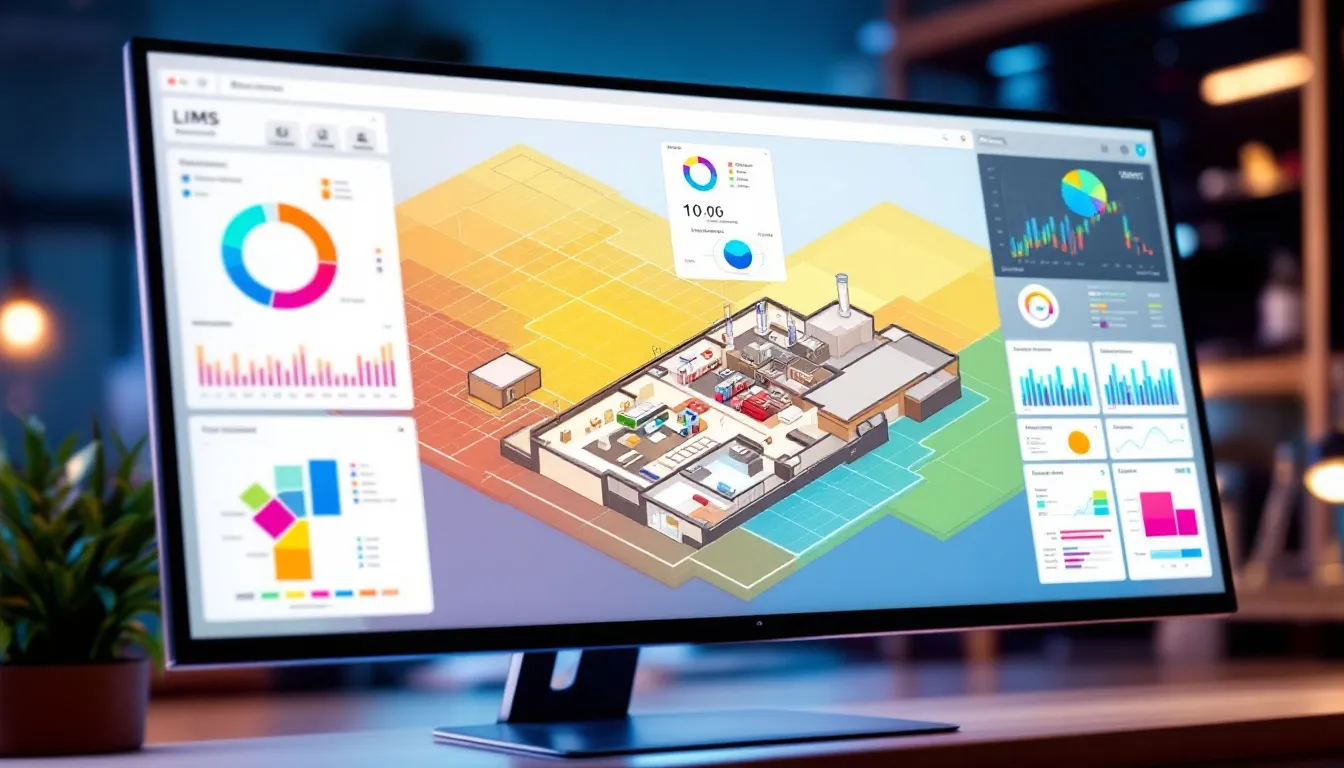 A laboratory information management system (LIMS) is depicted, showcasing a centralized platform designed for efficient data management and sample tracking within laboratory operations. The image emphasizes key features such as data accessibility, workflow automation, and compliance with regulatory standards, highlighting the benefits of LIMS implementation for lab managers and staff.