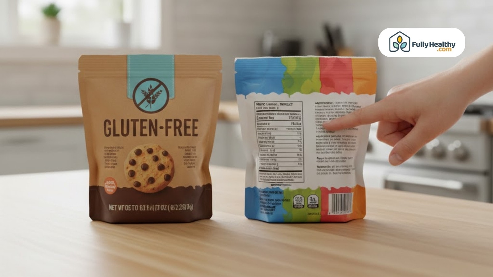Person pointing at nutrition label on gluten free cookie package on kitchen counter