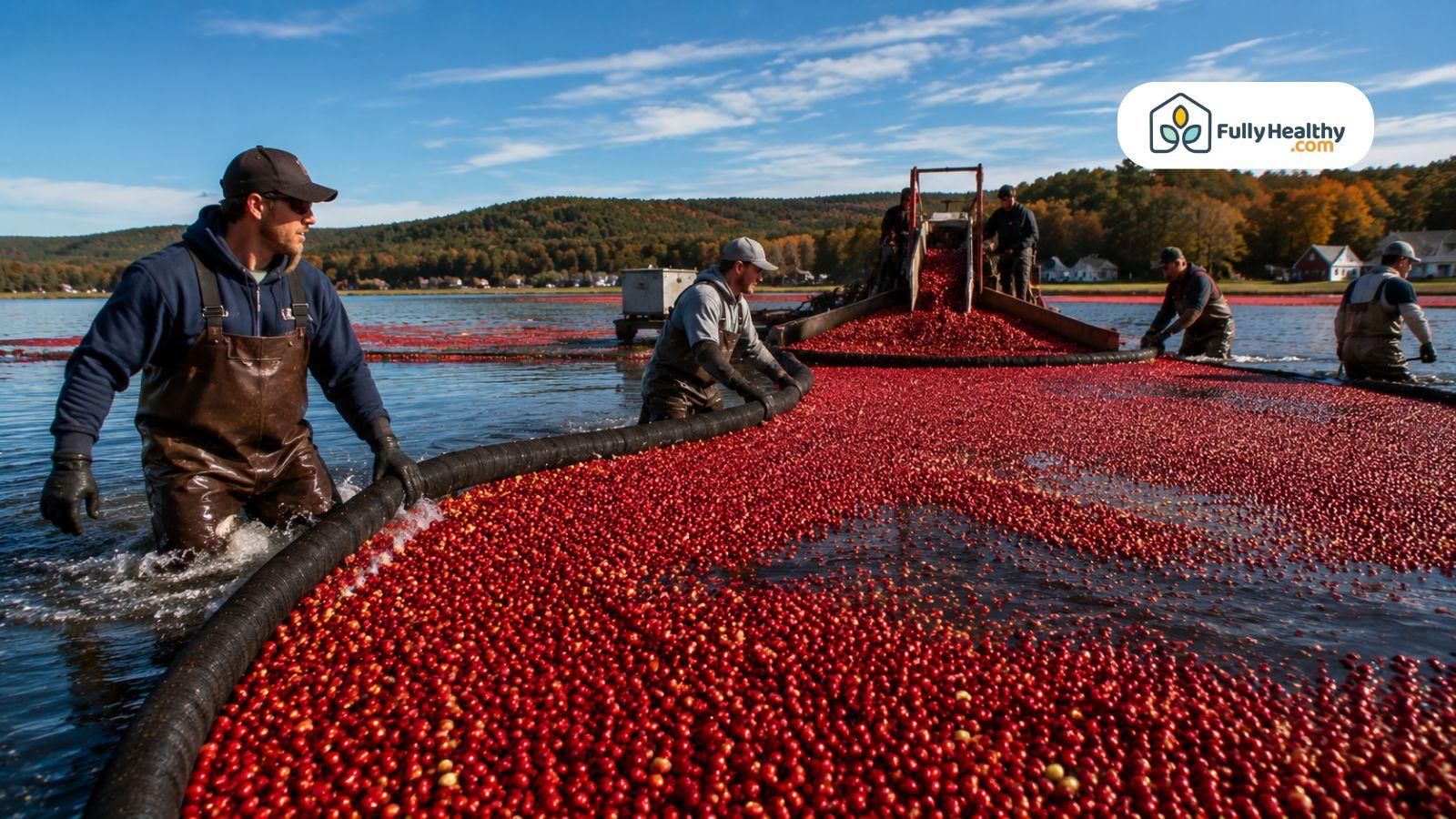 Cranberry harvest workers gathering floating berries from flooded bogs