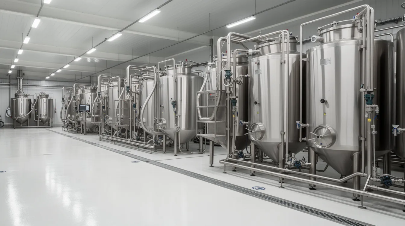The image depicts an industrial dairy processing facility featuring stainless steel tanks and extensive piping systems, all set within a clean and organized factory environment. This ghee manufacturing plant illustrates the advanced ghee production process essential for meeting both domestic and international markets.