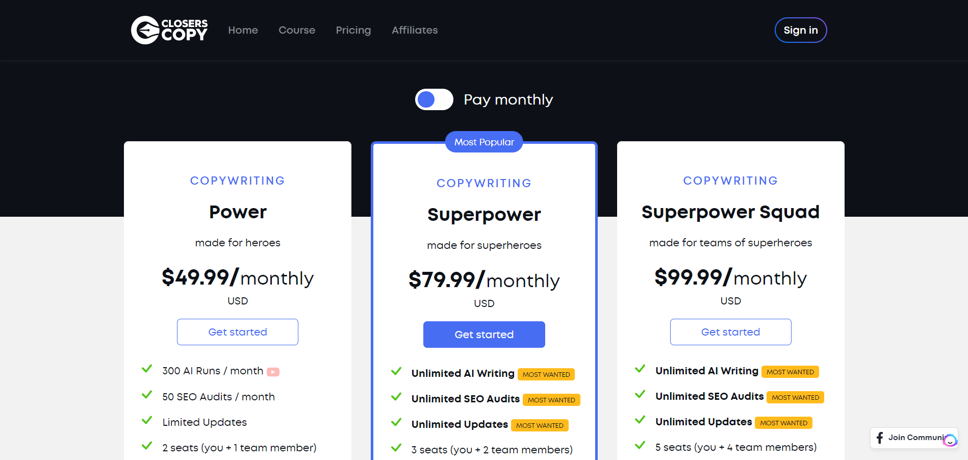 ClosersCopy Pricing
