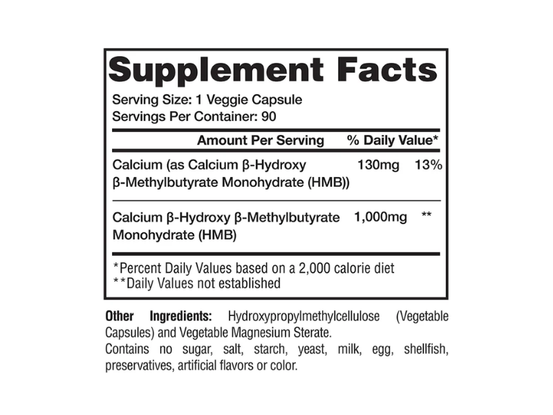 An image showing recommended dosage and ingredients for HMB supplements.