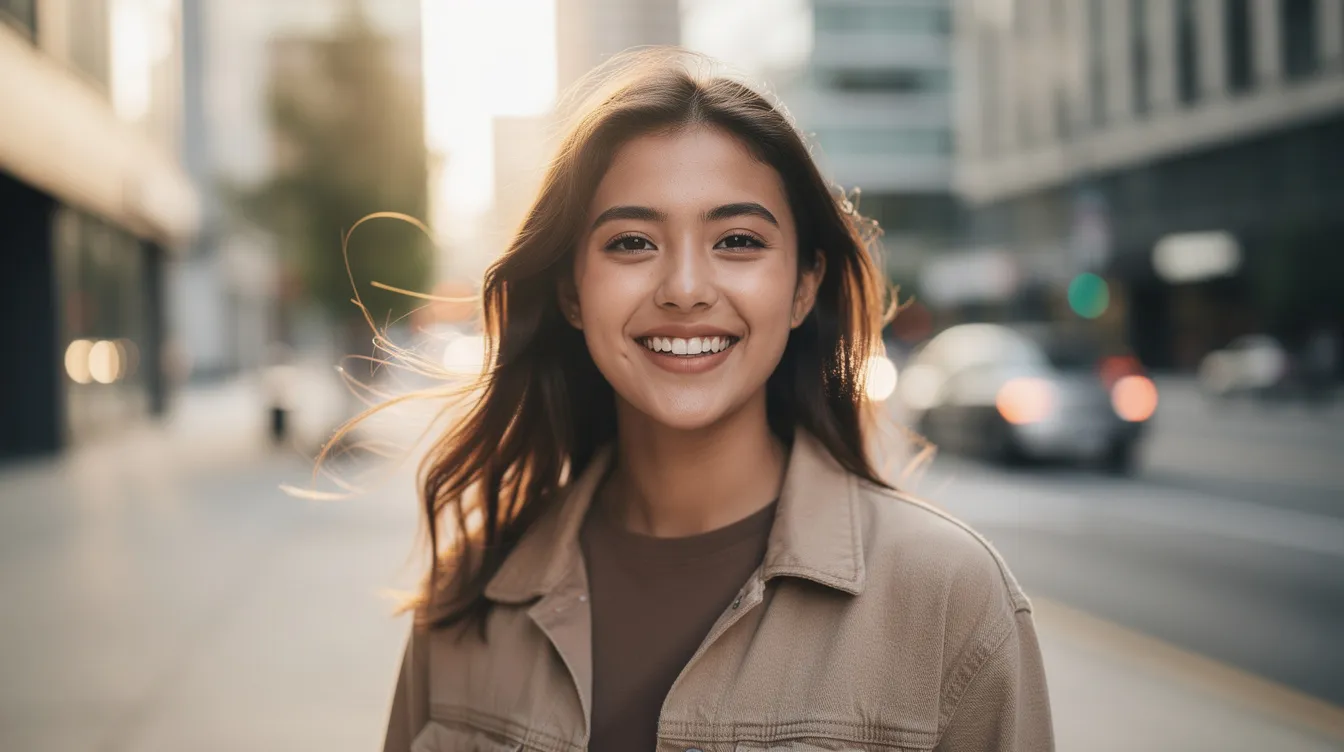 A woman is smiling naturally outdoors in an urban setting, showcasing her full, hydrated lips that reflect the results of a subtle lip filler treatment. The backdrop of the city adds to her vibrant and confident demeanor, highlighting the beauty of her natural lip shape.