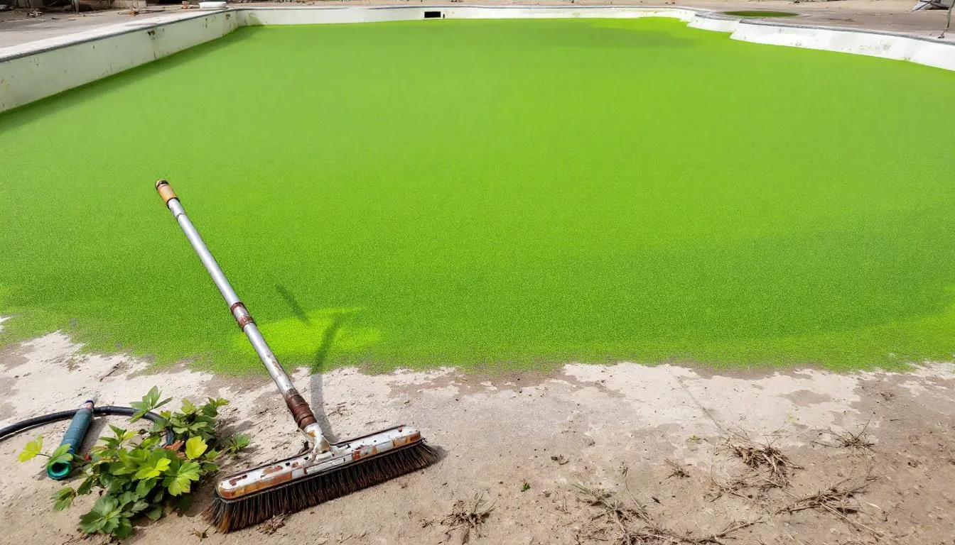 In the image, a swimming pool filled with green algae-covered water is shown, alongside pool cleaning equipment such as a pool brush and a filtration system. The green pool water indicates a significant algae problem, suggesting the need for pool owners to address the algae growth with proper chemicals and maintenance routines.