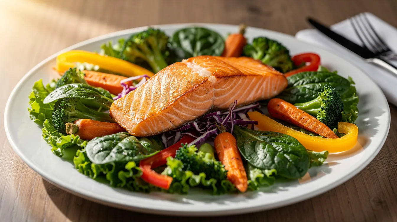 A vibrant plate features a beautifully arranged portion of salmon alongside fresh leafy greens and a colorful mix of vegetables, highlighting a nutritious meal that supports overall health. Incorporating such meals may help in managing ocular diseases and promoting retinal function, potentially benefiting conditions like age-related macular degeneration.