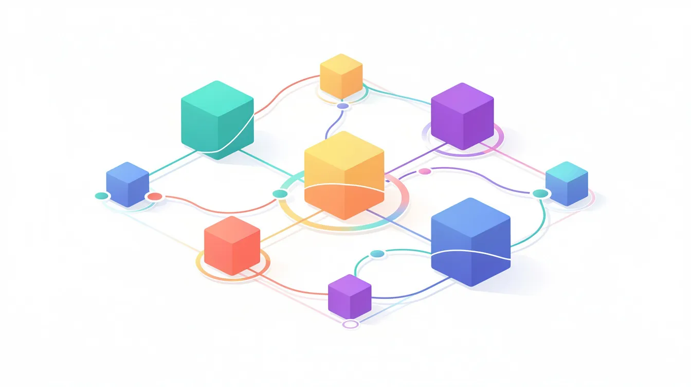 An abstract illustration features colorful modular blocks interconnected by lines, symbolizing flexible community spaces and integrations. This vibrant design reflects the essence of human nature and the concept of society in the digital age, inviting viewers to imagine a world where fifty strangers can connect and collaborate.
