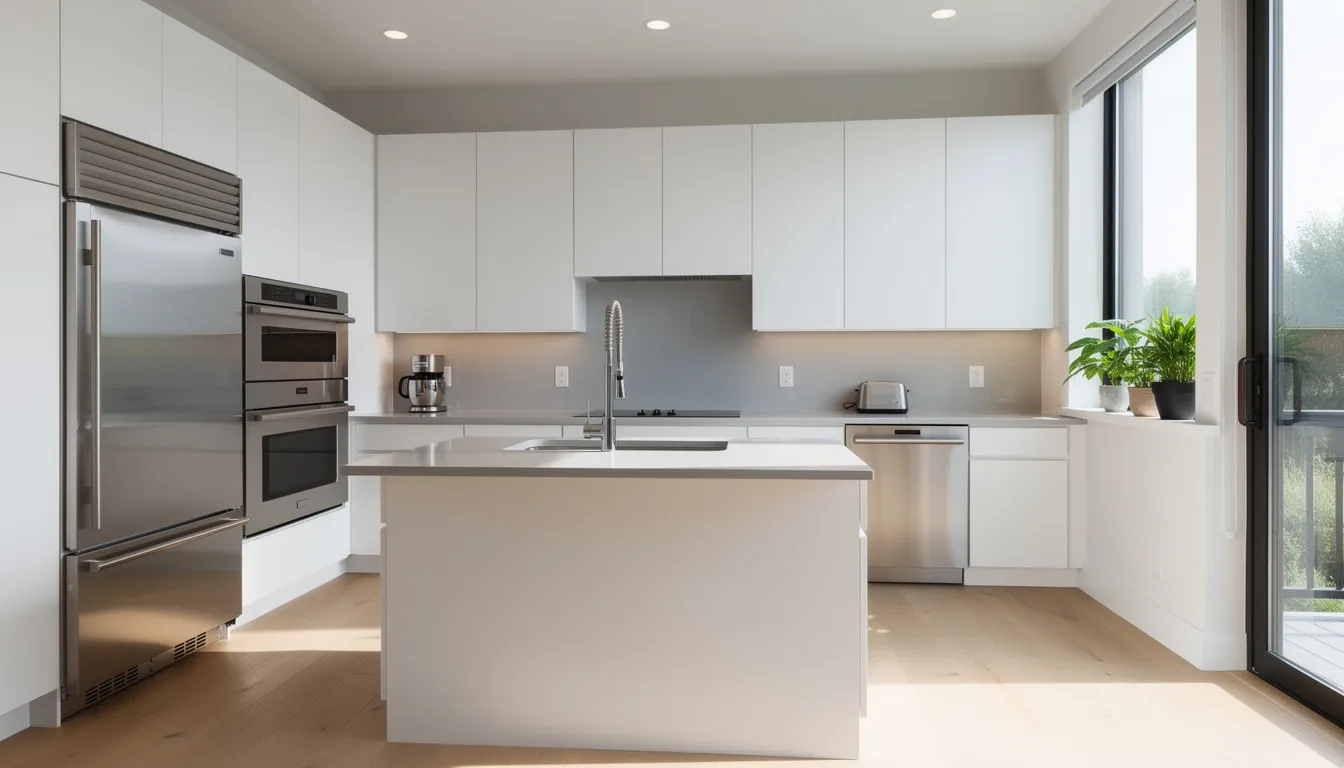 The image features a modern kitchen adorned with reclaimed wood flooring and solid surface countertops, illuminated by natural light streaming through large windows. It showcases energy-efficient appliances, creating a functional space that emphasizes sustainability and eco-friendliness.