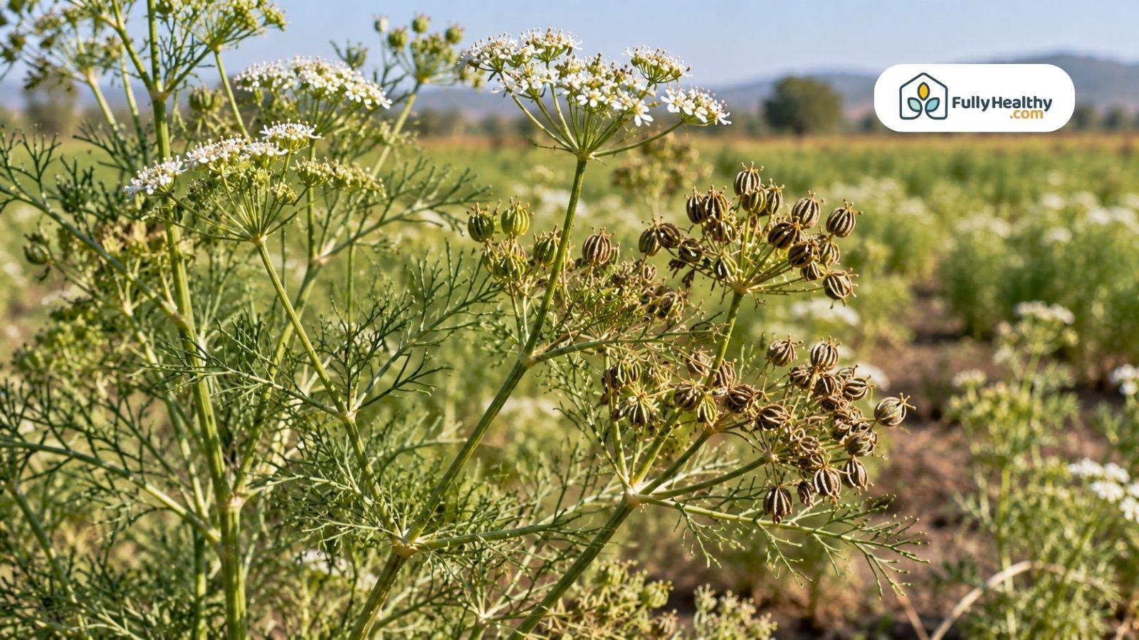Cumin plant with white flowers and mature seed clusters growing outdoors.