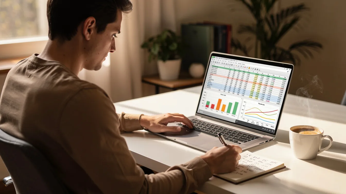 A person is seated at a home desk, focused on a laptop displaying a budget spreadsheet, with a steaming cup of coffee beside them. This scene reflects the organized environment of a 公務員 preparing for their new職位 in 2026.