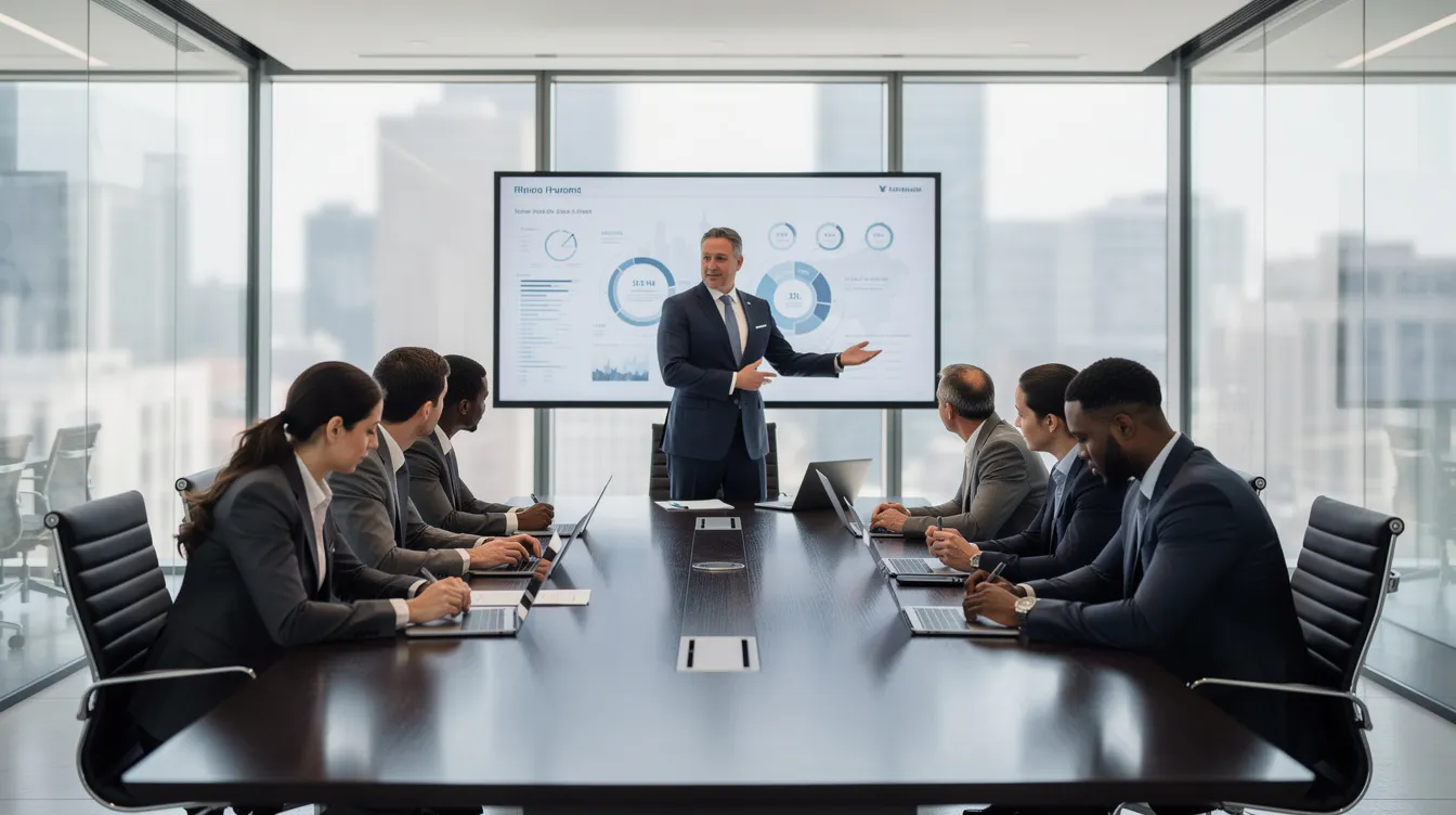 The image depicts a group of executive leaders seated around a sleek, modern boardroom table, engaged in a strategic discussion about AI adoption and governance. They are analyzing the potential risks and benefits of generative AI tools while considering the implications of unauthorized AI usage on sensitive company data.
