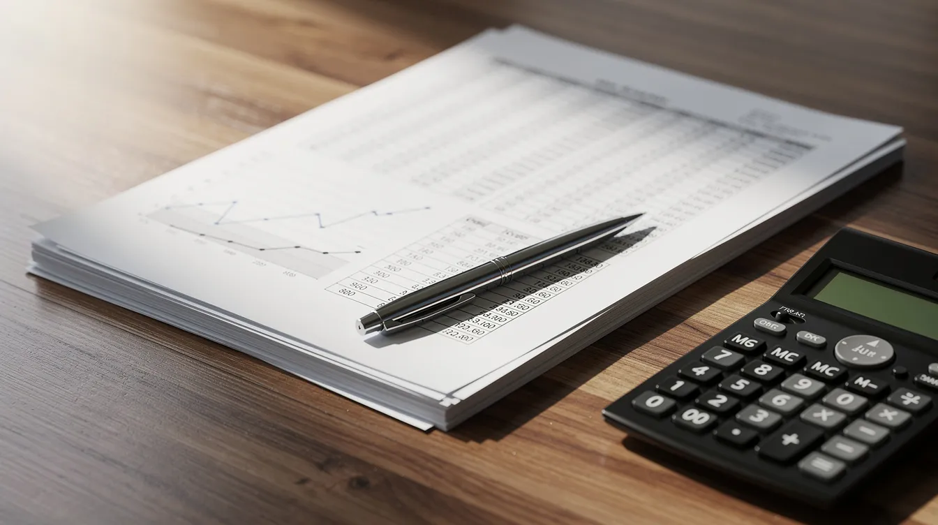 2e07f2c1 3192 4542 a200 a35863f92038 The image features an arrangement of financial documents, a calculator, and a pen on a wooden table, suggesting a workspace focused on managing finances. This setup may be relevant for individuals preparing a project report for a Mudra loan, highlighting key aspects such as complete financial information and business overview.
