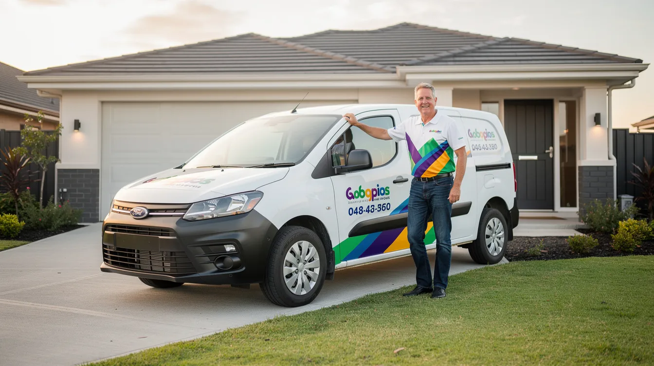 A home-based franchise owner stands proudly next to a branded service vehicle parked in a residential driveway, showcasing their commitment to the franchise system. The image reflects the support and training provided through a comprehensive franchise training program, essential for ensuring the franchise's success.