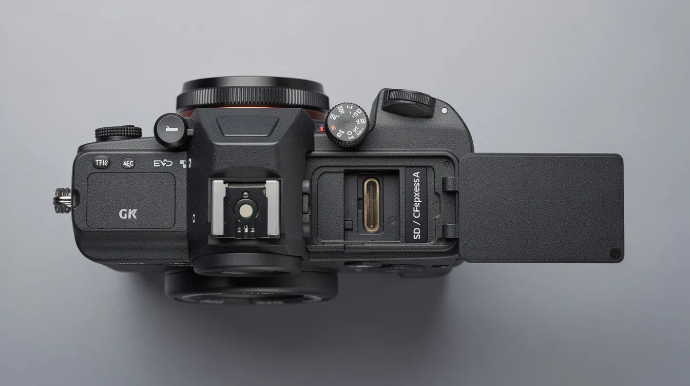 Die oberseitige Ansicht eines Sony Kamera-Bodys zeigt das geöffnete Kartenfach mit der Beschriftung „SD / CFexpress A“, das für die Verwendung von SD-Speicherkarten und CFexpress-Karten geeignet ist. Diese Anordnung ermöglicht Fotografen den schnellen Zugriff auf verschiedene Speicherformate für ihre Aufnahmen.