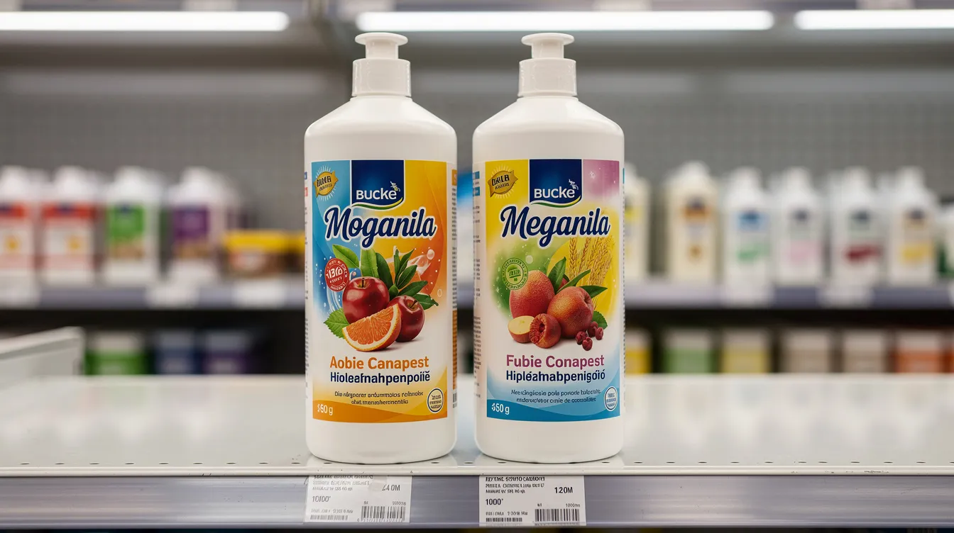 The image features two nearly identical product bottles displayed side by side on a store shelf, highlighting the importance of conducting a comprehensive trademark search to assess potential conflicts with existing trademarks. This visual emphasizes the need for careful trademark registration to protect your brand in a competitive market.