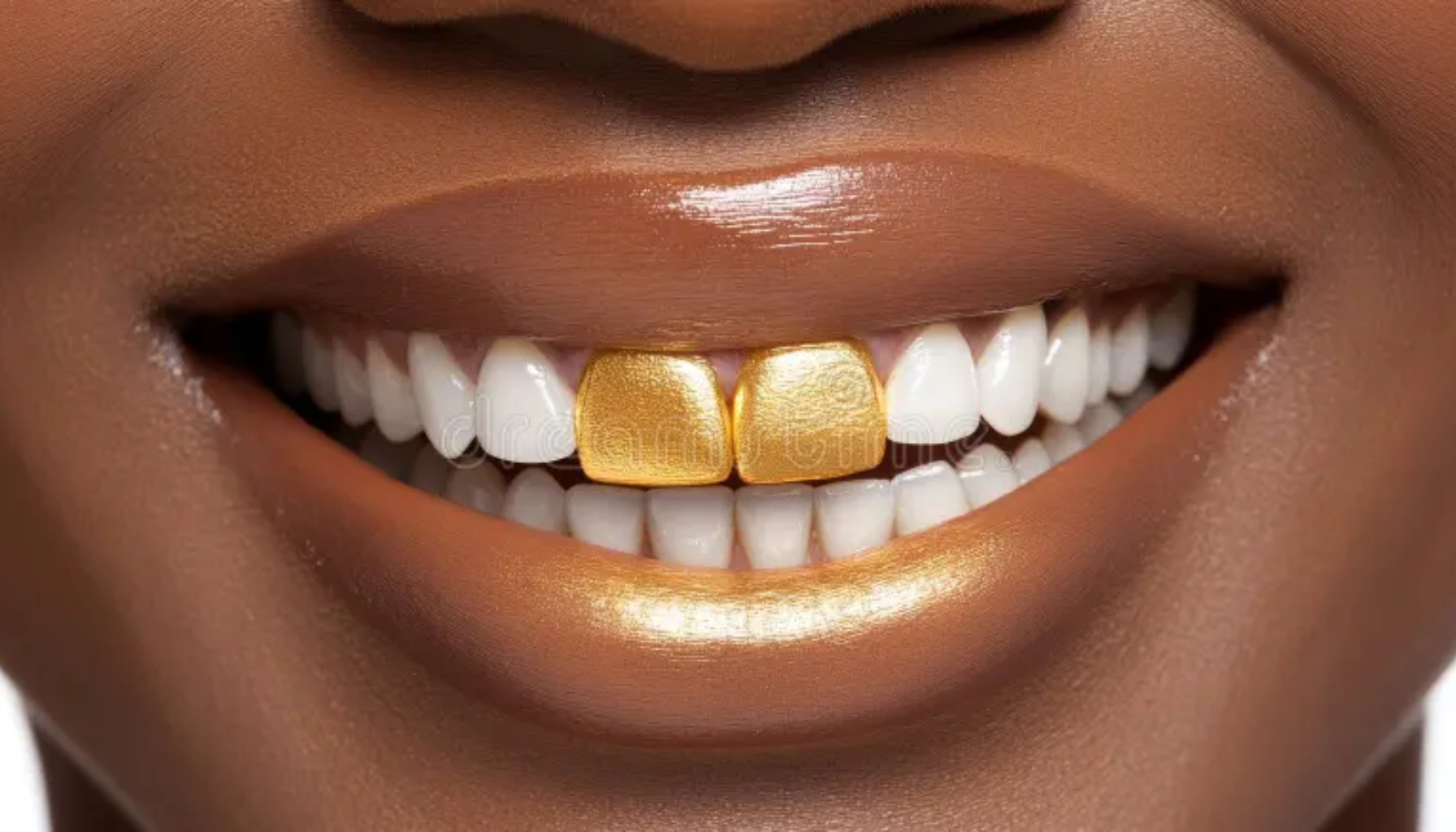 Tannsmykke: En liten detalj som gir stort smil 18 "Nærbilde av smil med to gullbelagte fortenner som tannpynt."