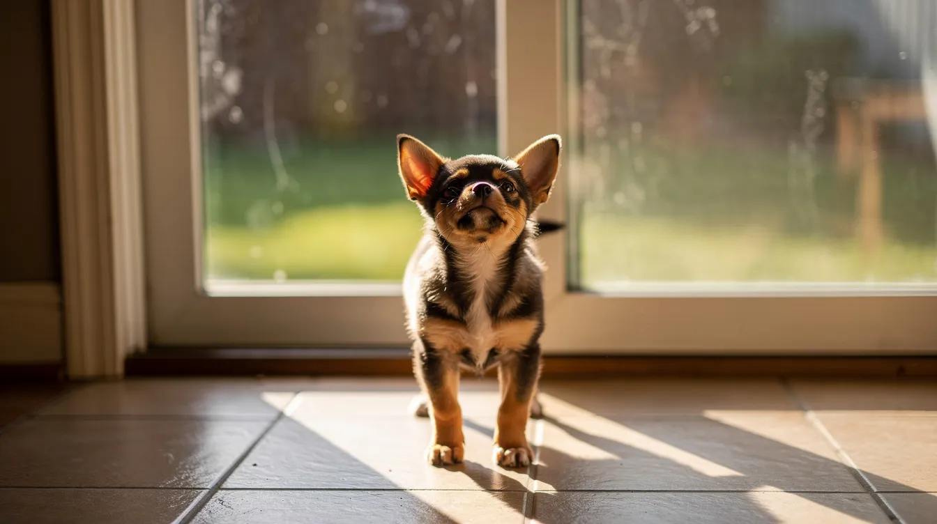 A young puppy stands expectantly near a back door, bathed in morning sunlight, ready for its potty break. This moment captures the beginning stages of successful puppy potty training, highlighting the importance of a consistent potty training schedule for new pups.