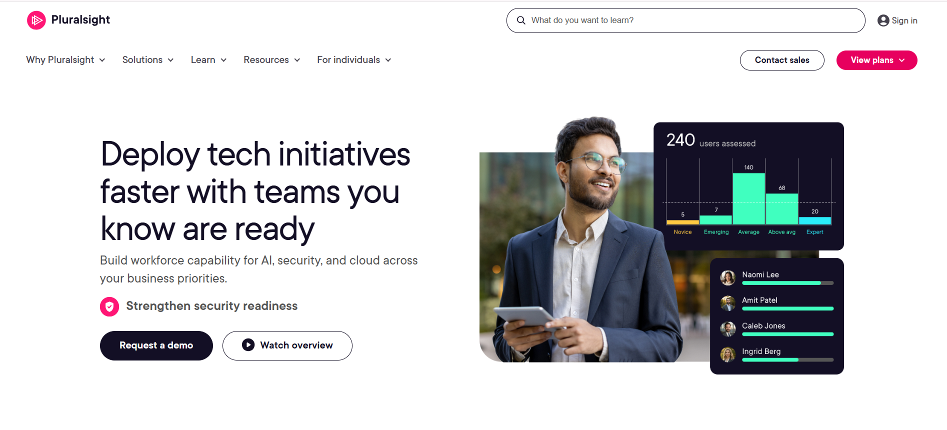 Homepage of an online technology learning platform featuring workforce skill development, AI and cloud training, learner assessments, and enterprise upskilling solutions.