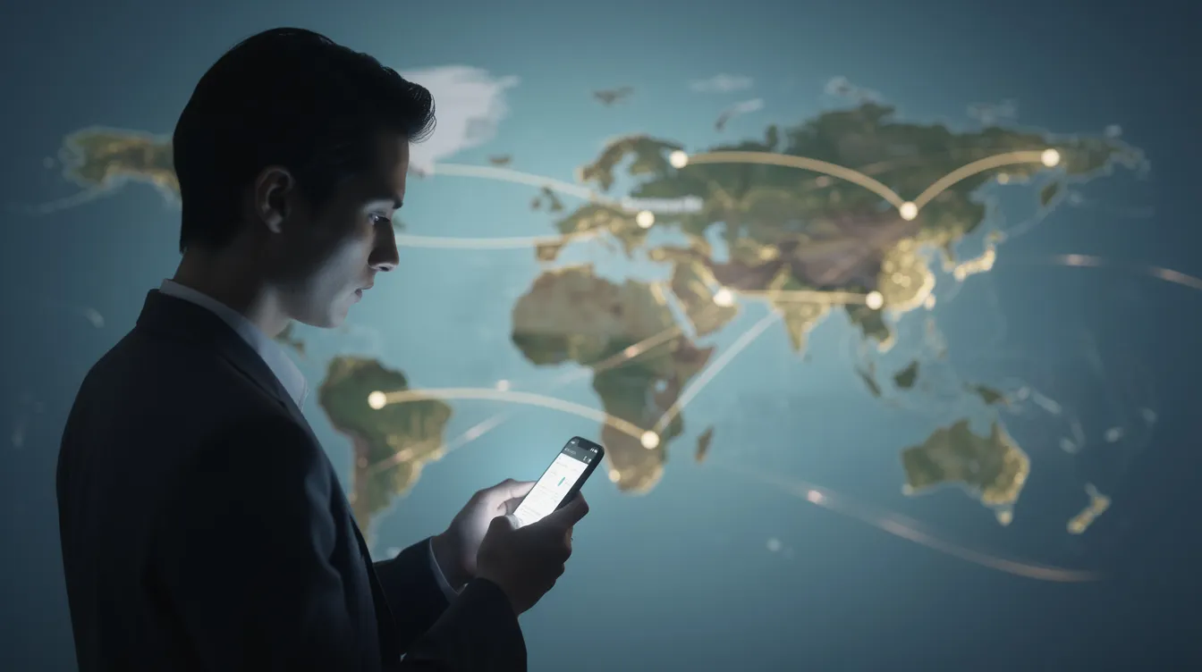 A person is using a smartphone against a backdrop of a world map, representing the concept of global money transfers. This image symbolizes the interconnectedness of private equity and venture capital investments across various regions and their impact on both established businesses and early-stage startups.
