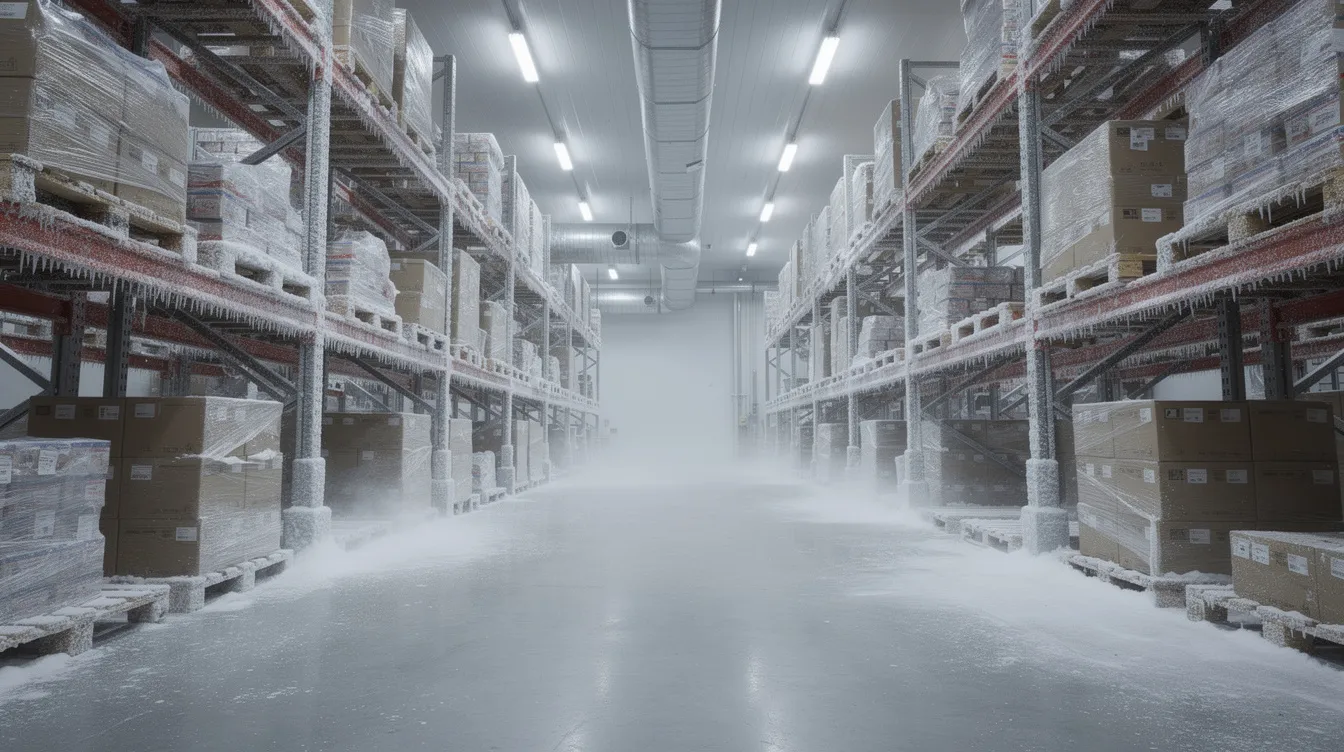 2e0e7100 ddb7 466d adcb 6f2c47925f04 The image depicts an industrial cold storage room featuring stacked pallets of frozen goods, including ice cream and other frozen desserts, organized on frost-covered metal racking. Bright warehouse lighting illuminates the space, highlighting the efficient cold chain infrastructure essential for ice cream manufacturing processes.