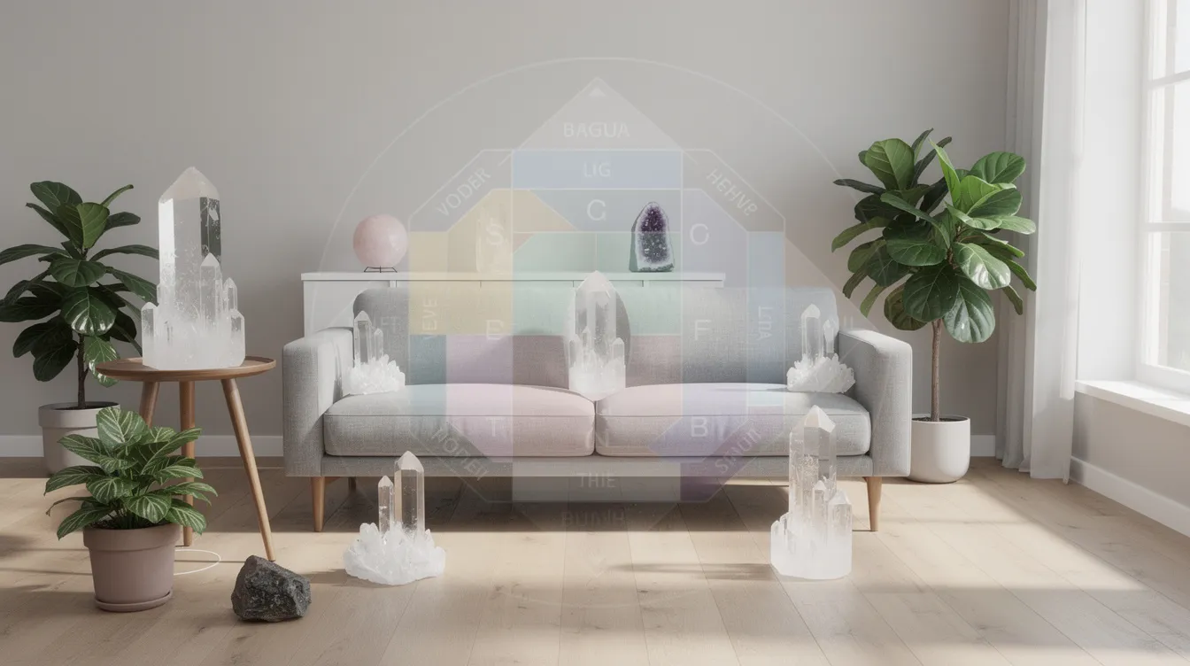 The image depicts a serene living space adorned with various quartz crystals, including clear quartz and smoky quartz, strategically placed according to Feng Shui principles to enhance positive energy and emotional balance. These crystals, known for their healing properties and ability to absorb negative energy, contribute to a harmonious environment that supports mental clarity and spiritual growth.