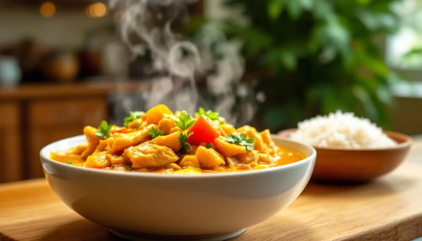 A bowl of coconut curry, rich in color and texture, served with rice.