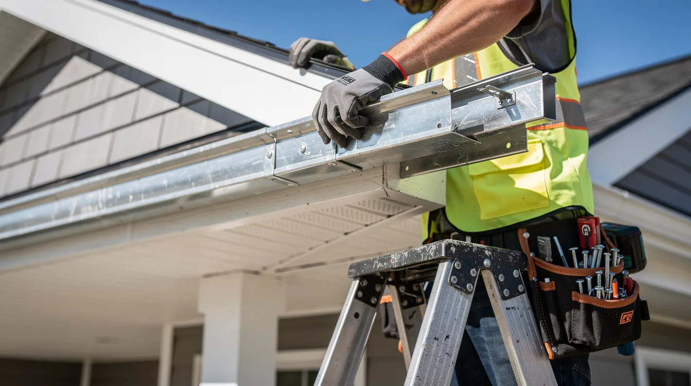 A close-up view shows a worker expertly installing seamless aluminum gutters along the roofline of a newly constructed residential home in Pueblo, Colorado. This professional gutter installation aims to provide long-lasting protection against water damage, ensuring a perfect fit for efficient rainwater management.