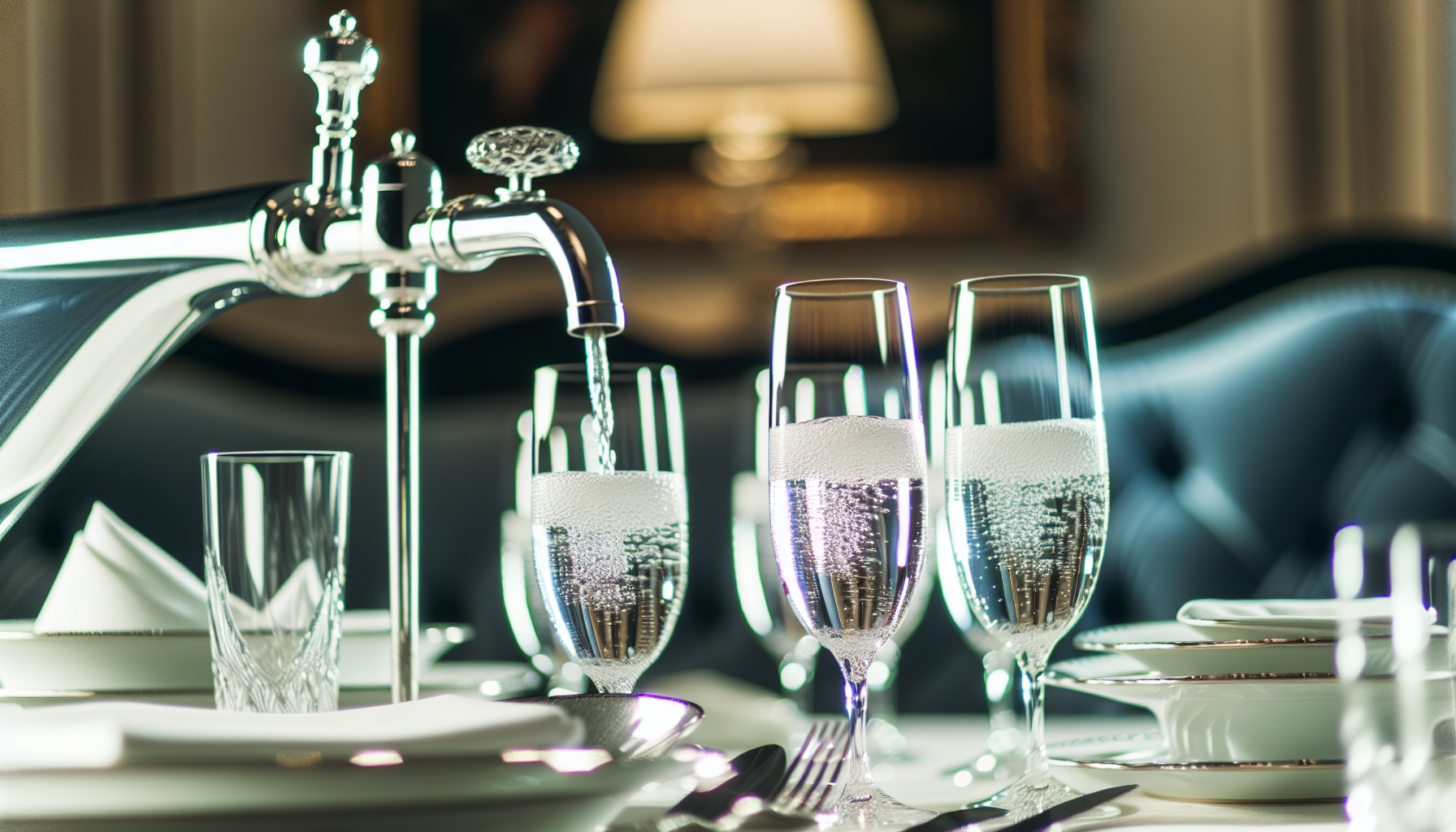 Elegant glassware filled with sparkling water from a tap for entertaining