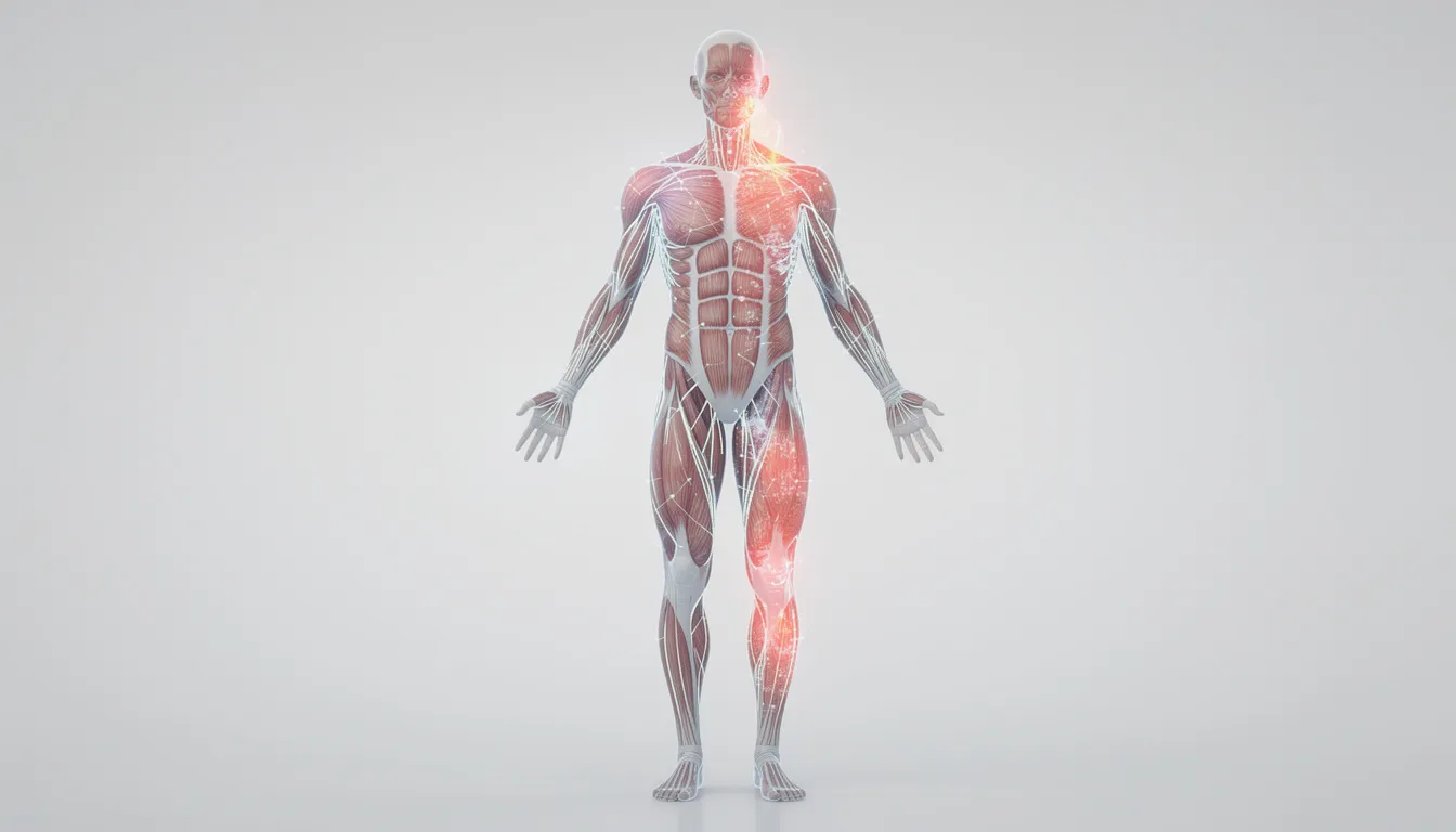 Wizualizacja przedstawia sieć powięziową łączącą różne części ciała, co ilustruje, jak postawa ciała wpływa na zdrowie fizyczne i mobilizację blizn po cesarskim cięciu. Obrazek podkreśla znaczenie prawidłowej postawy oraz regularnej aktywności fizycznej dla poprawy ruchomości i samopoczucia.