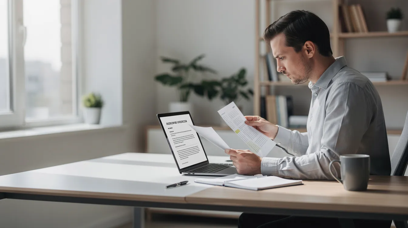 The image shows a person intently examining documents displayed on a laptop screen in a bright office setting, likely reviewing important financial information such as loan terms and interest rates. The atmosphere suggests a focus on evaluating options for online loans or personal financing through various lending platforms.