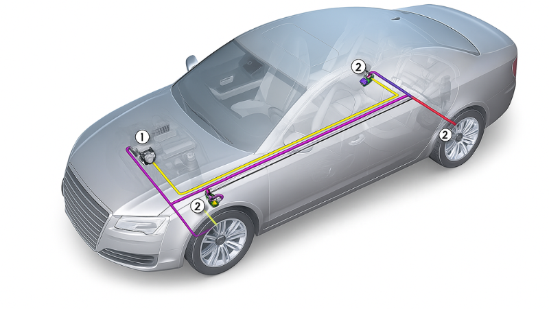 Illustrating diagrapm of modern car four wheels showing Anti-Lock Brakes and fluid reservoir