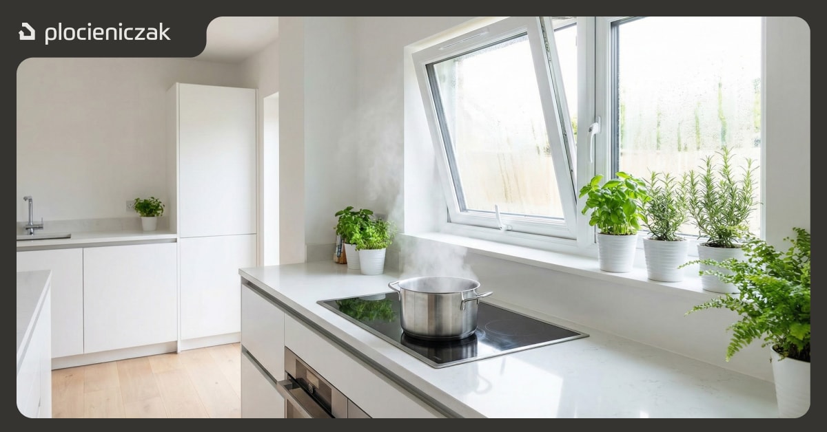Uchylone okno w kuchni zapewniające wentylację podczas gotowania - para unosząca się z garnka