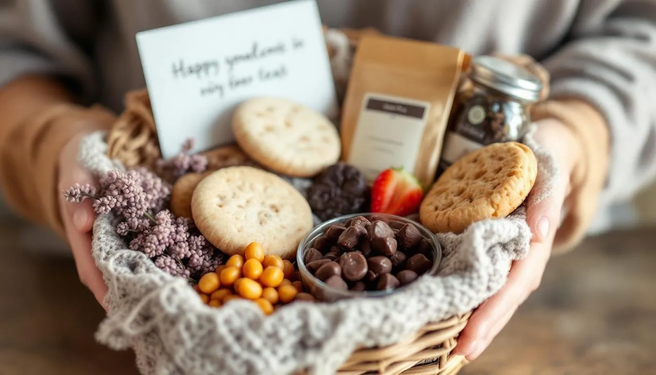 The image features a beautifully arranged condolence gift basket filled with an assortment of sweet and savory snacks, including baked goods and tea packages, accompanied by a heartfelt sympathy card. This thoughtful sympathy gift basket is designed to provide comfort and support to grieving family members during a difficult time.