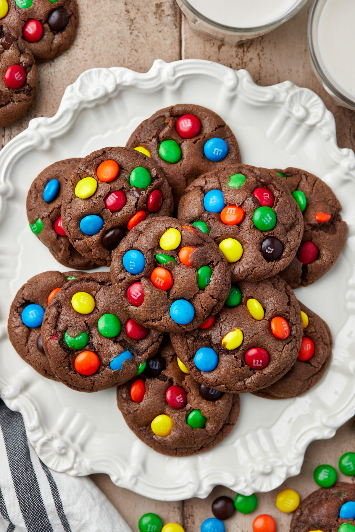 white plate of chocolate M&M cookies
