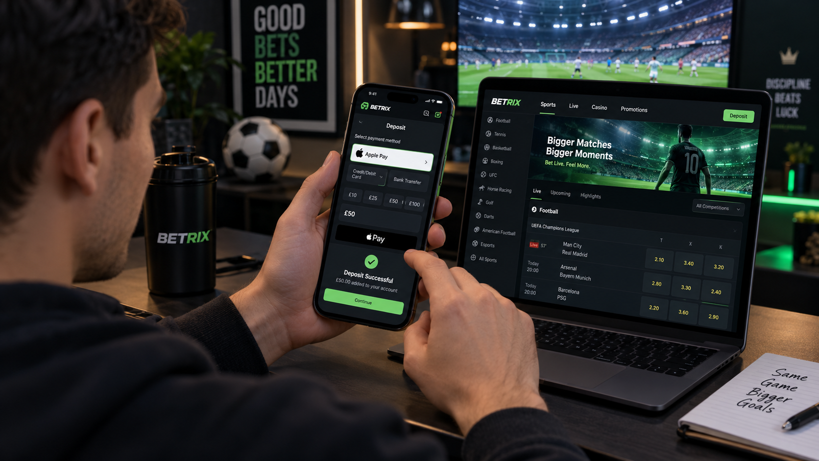 Person making a £50 deposit with Apple Pay on a sports betting site using a smartphone.