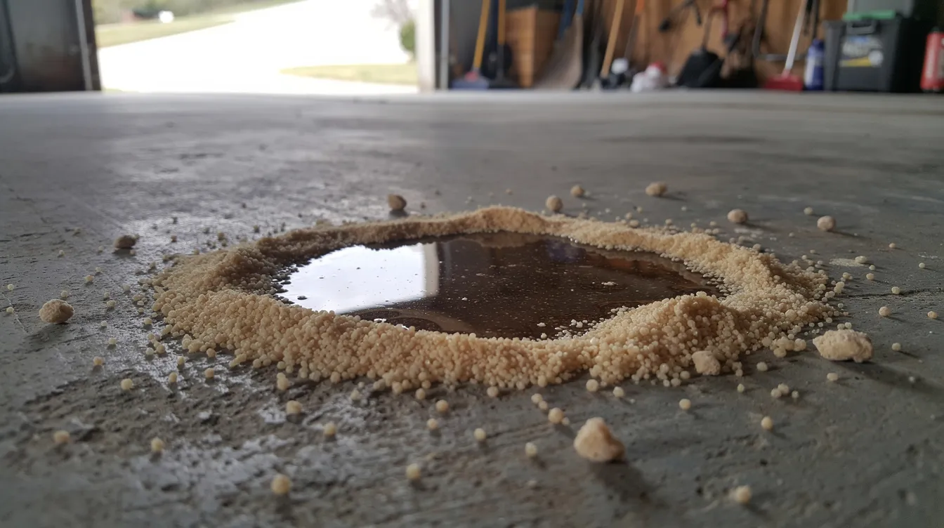 The image shows a garage floor with absorbent granules scattered around a small spill, highlighting the importance of using materials like kitty litter to manage small spills safely. Cat owners should be aware of the flammability of certain types of litter, ensuring that they avoid any fire hazards from flammable materials.