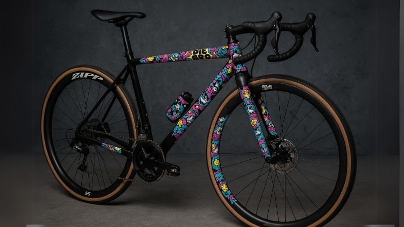 Bicycle partially wrapped in funky print