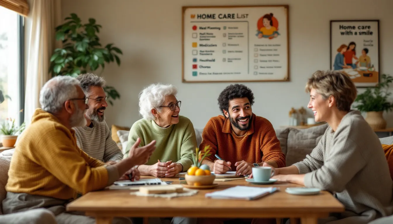 A group of friends discussing recommendations and support for home care services.