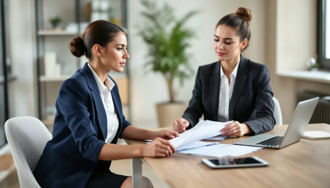 A professional woman is seated at a conference table, engaged in a discussion with her financial advisor as they review Roth conversion documentation. The scene reflects a serious atmosphere, where factors such as age and individual financial history are being considered to determine the best plan for her family's future.