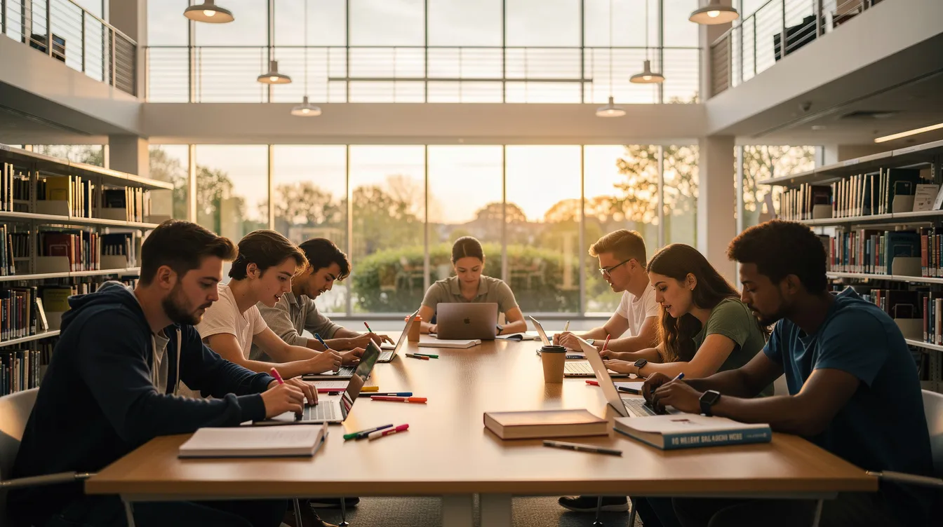 The image depicts a diverse group of international students studying together in a modern university library, featuring large windows that allow warm light to fill the space. This collaborative environment highlights the importance of academic excellence and the scholarship opportunities available for Bangladeshi students pursuing higher education in Italy.
