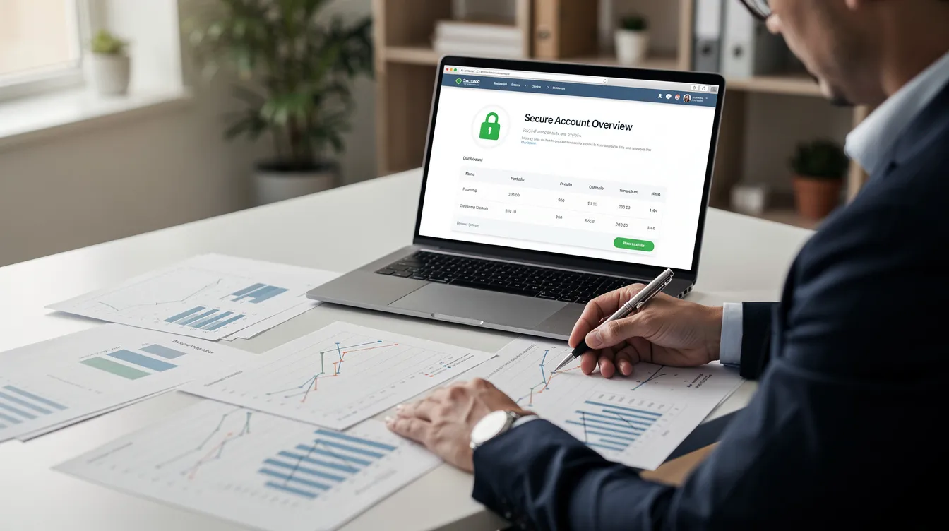 A person is seated at a desk, carefully reviewing financial documents while their laptop displays a secure website related to private loans. The scene emphasizes the importance of understanding terms such as interest rates and repayment periods in financial products.