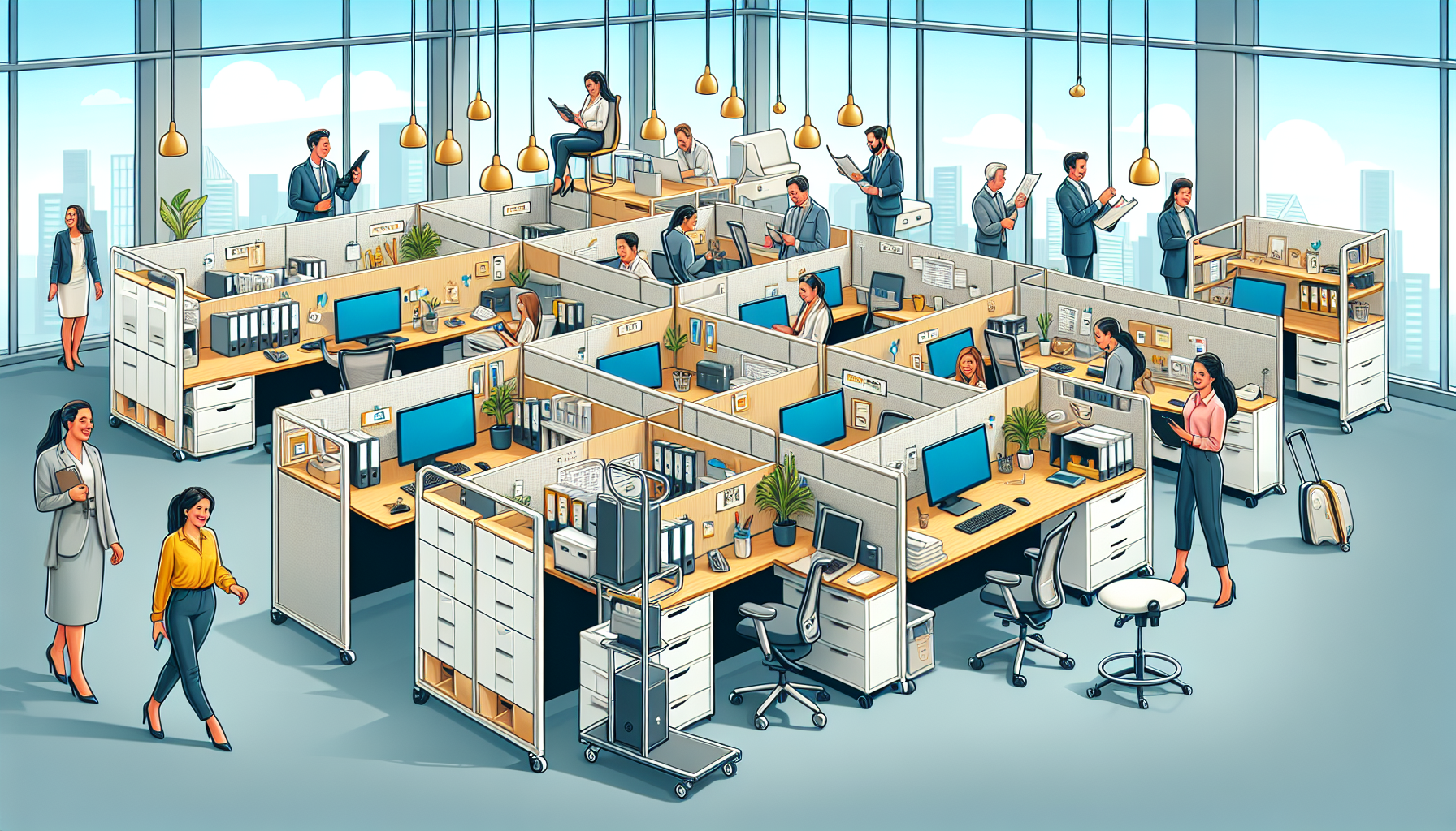 Cartoon illustration of office employees working efficiently in a well-organized space