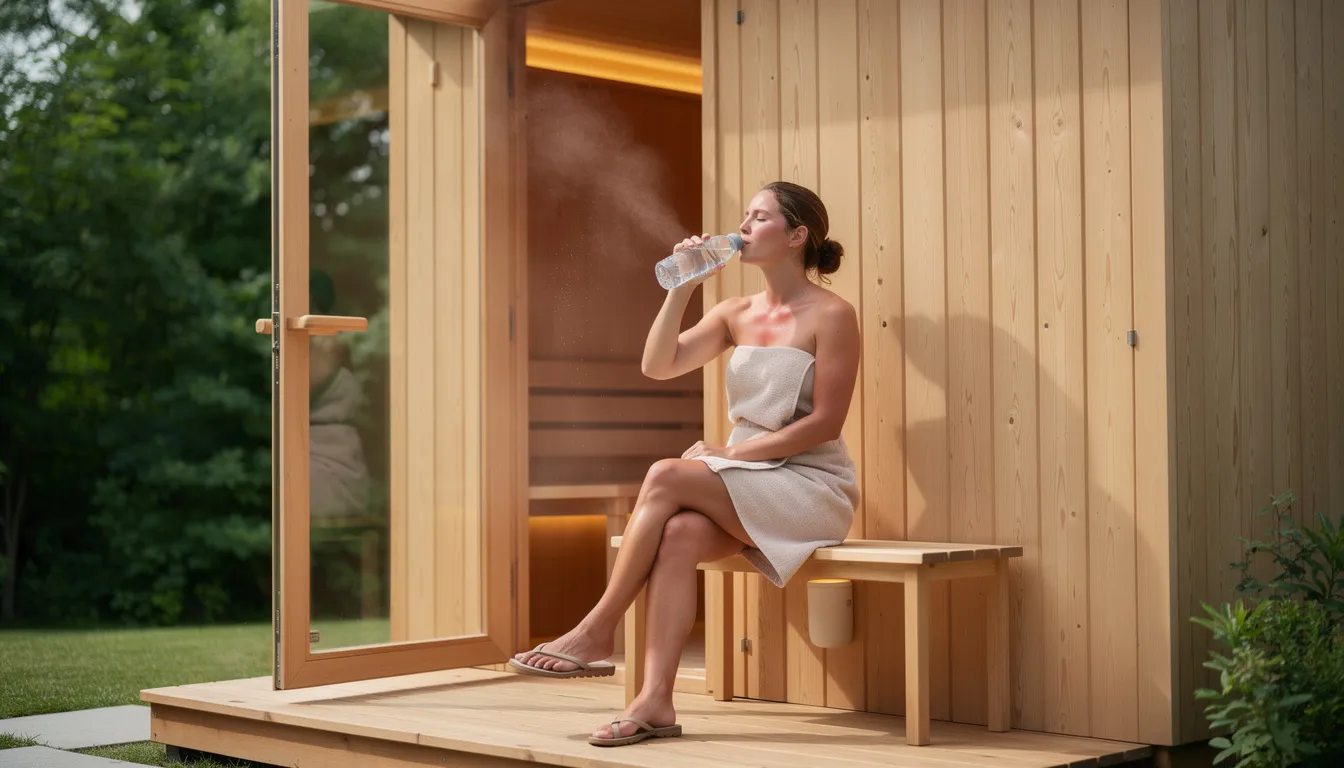 A person sits outside a sauna, sipping water to maintain proper hydration after a sauna session, highlighting the importance of hydration in promoting health and reducing inflammation. The scene emphasizes the benefits of sauna bathing, such as improved blood flow and support for the immune system.