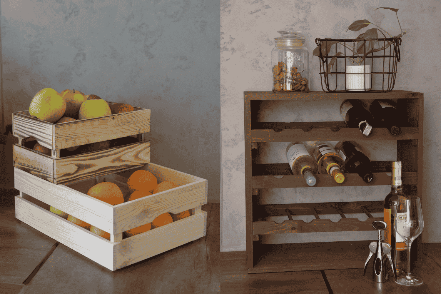 organizacja kuchni - organizery na owoce oraz stojak na wino