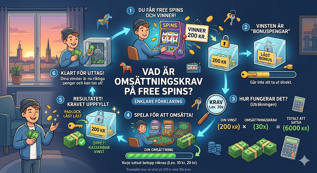Freespins och omsättningskrav förklarat – illustration som visar hur freespins fungerar, hur vinster blir bonuspengar och måste spelas igenom innan uttag på casino