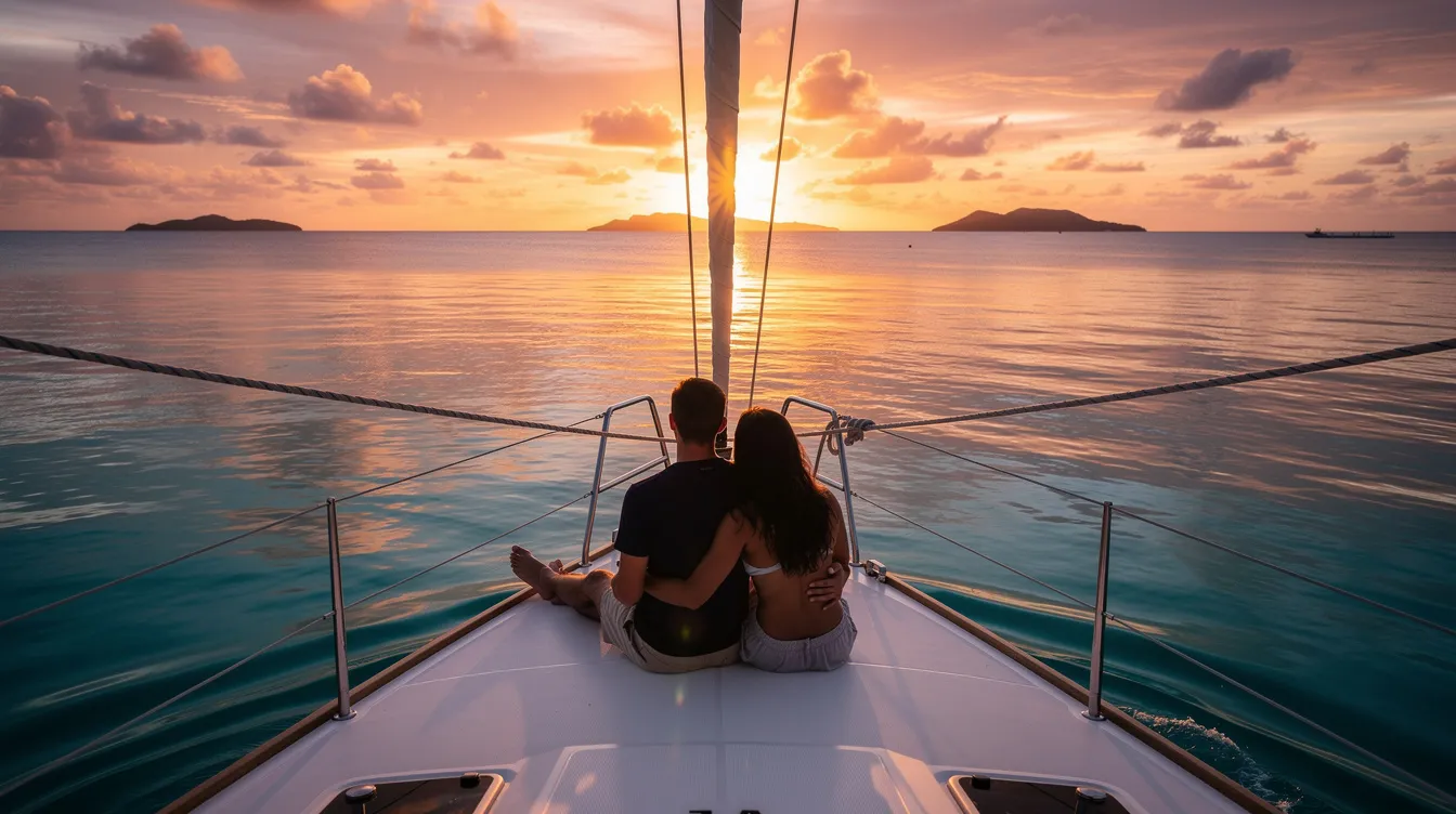 Um casal observa um vibrante pôr do sol do convés de um catamarã, navegando em águas tropicais calmas, com tons de azul turquesa refletindo a beleza do Caribe. A cena evoca a sensação de férias em Curaçao, um destino ideal para quem busca experiências inesquecíveis nas ilhas ABC.